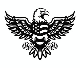 Fototapeta premium American bald eagle silhouette with wings spread, monochrome vector design featuring USA flag elements, perfect for patriotic illustration, print, logo, and decoration artwork.