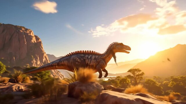 Majestic Dinosaur Roaming Ancient Landscape at Sunset.