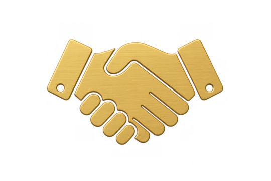 Golden handshake icon representing business deal, trust, partnership, cooperation, agreement, and success on transparent background - Powered by Adobe