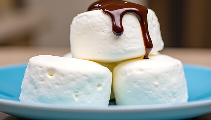 Marshmallows with Dripping Chocolate Sauce on Blue Plate