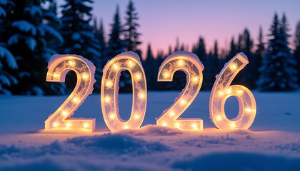 Illuminated 2026 Numbers in Snowy Winter Landscape at Sunset