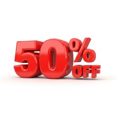 Bold red 50 percent off sale discount offer isolated 3d rendering promotional graphic for retail marketing isolated on white background