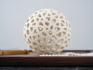 Intricate white spherical decorative object with lattice pattern