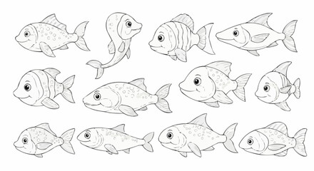 Collection of various cartoon fish illustrations for coloring book pages.