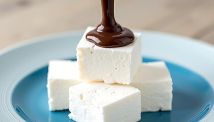 Marshmallows with Dripping Chocolate Sauce on Blue Plate