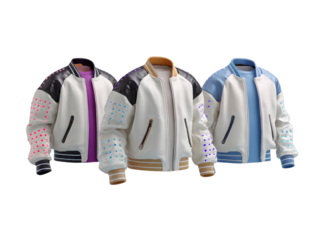 Modern Varsity Jackets Displayed on Transparent Background Fashionable Outerwear Collection with Colorful Stud Accents Stylish Apparel Designer Clothing Must Have Boutique Wardrobe Essential Trendy