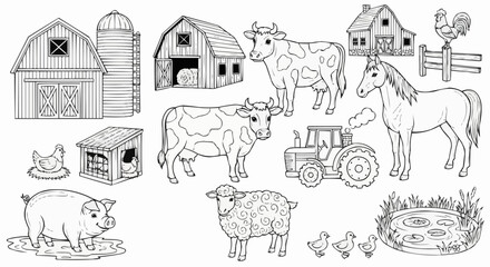 Farm animals and buildings illustration black and white line art.