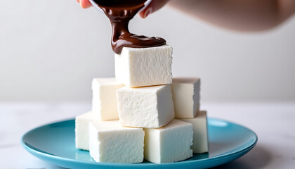 Marshmallows with Dripping Chocolate Sauce on Blue Plate