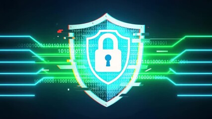 Digital shield with padlock and binary code, representing cybersecurity and data protection - Powered by Adobe