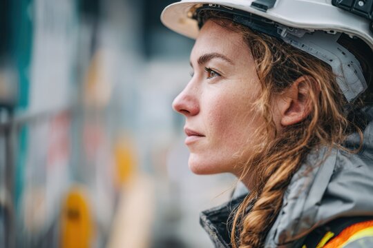 Side profile of female construction engineer wearing white safety helmet and reflective vest observing work site with focused expression