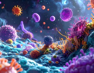 Microscopic view of colorful, abstract biological structures floating