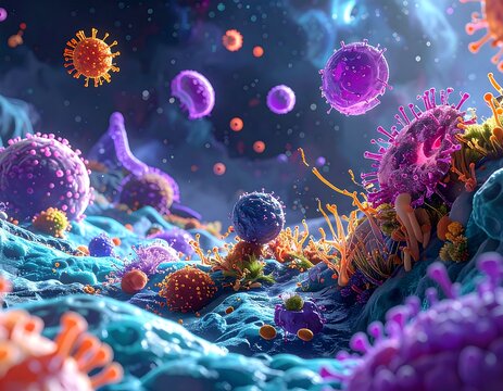 Microscopic view of colorful, abstract biological structures floating - Powered by Adobe