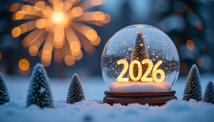 Snow Globe with 2026 Illuminated and Winter Trees at Night 