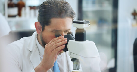 Science, medical research and man in workplace, microscope and sample analysis. Person, genetics test and scientist in lab, equipment or vaccine development with particles, DNA experiment or solution