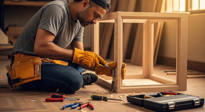A carpenter in gloves and tool belt installs or repairs a wooden cabinet frame