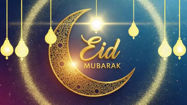 Golden eid mubarak crescent moon and star with glowing lanterns on a starry night sky