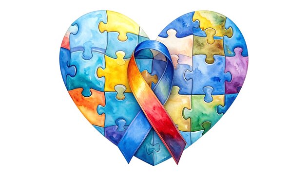 Watercolor illustration of a puzzle-piece heart with a ribbon