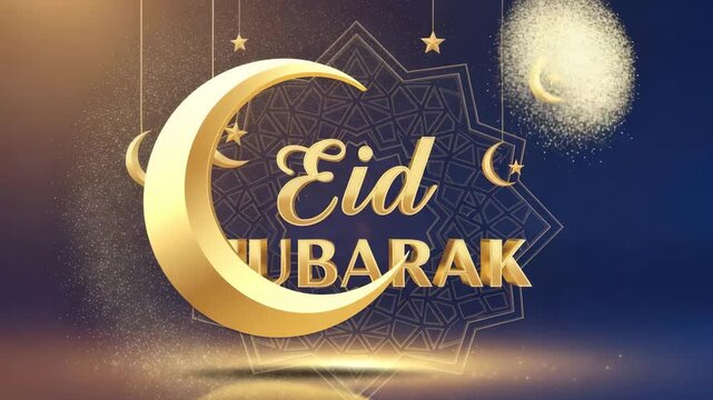 Golden eid mubarak text with crescent moon and stars on a dark blue background - Powered by Adobe
