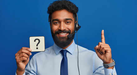 A male customer support agent in blue formal attire and headset holds a question mark sign and gestures for attention