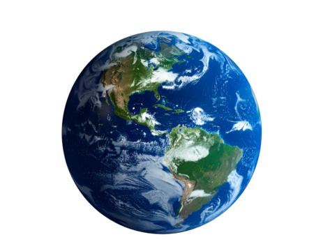 A vibrant depiction of Earth from space. Shows continents, oceans, and atmospheric details against a black background