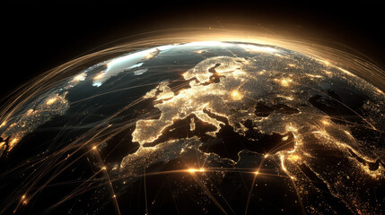 Glowing connection to the Earth over Europe at night, visualization of global network data from space