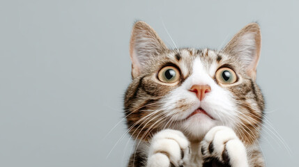Adorable tabby cat with wide eyes and raised paws, cute surprised pet portrait on minimalist background