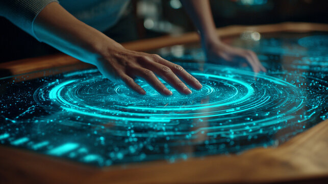 Futuristic smart home holographic control panel glowing with interactive icons symbolizing modern technology convenience connectivity and innovation in home automation and digital living