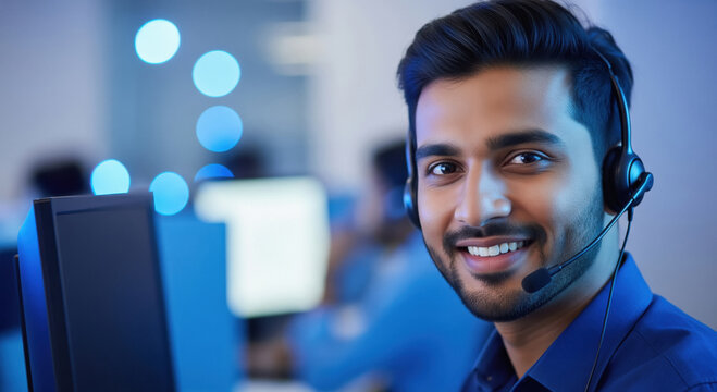 A male call center agent interacts with a client using a headset while working at a laptop in a modern office.