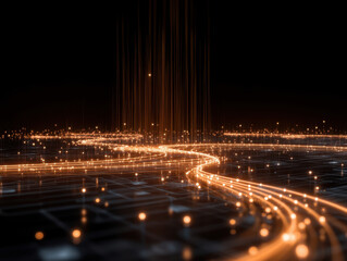 Glowing data streams passing through a futuristic network network, abstract digital paths in black and gold colors
