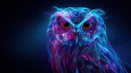 Portrait of a neon cyber owl with glowing stripes and futuristic abstract lines