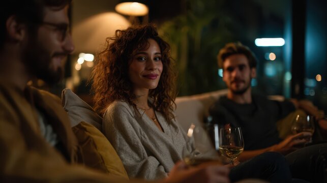 Young woman sitting with friends on cozy sofa at night, holding wine glass and enjoying relaxed conversation in warm ambient lighting of modern living room interior