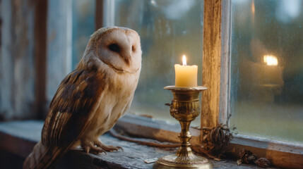 A barn owl with soft brown plumage next to a lit brass candlestick on an old wooden windowsill, a warm rustic night scene