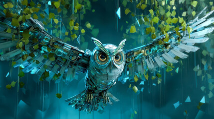 A metallic cyber owl with outstretched mechanical wings stands among falling green leaves