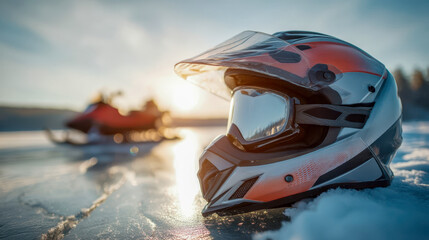 Winter snowmobile helmet with tinted visor on frozen lake surface at sunset, extreme cold weather adventure scene