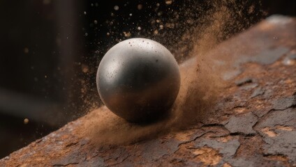 Steel ball striking rusty metal surface with force, creating sparks.