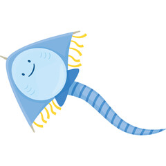 Cartoon Blue Kite With Happy Face and Striped Tail Flies in the Sky on a Sunny Day