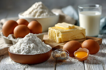 baking cake ingredients (eggs, flour, sugar, butter and milk) on white table
