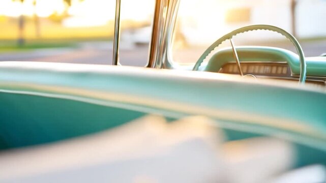 Vintage car interior steering wheel dashboard retro design golden hour light