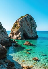 Coastal landscape featuring a massive rocky outcrop jutting into the turquoise ocean waters under a clear summer sky, geology, coast, bright