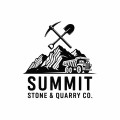 Summit Stone Quarry Company logo featuring mountains, tools, and a truck.