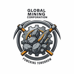 Global Mining Corporation Powering Tomorrow Logo with Pickaxes and Rocks.