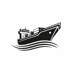 Monochrome vector icon of a large cargo ship sailing on ocean waves.