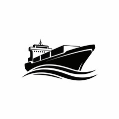 Black silhouette of a cargo ship sailing on ocean waves.
