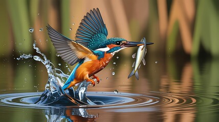 Beautiful kingfisher hunting fish over calm water surface in dramatic capture photo