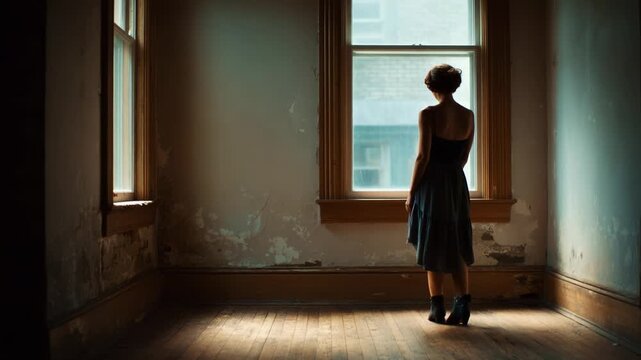 A solitary figure gazes out of a window in a softly lit, empty room, evoking feelings of introspection and nostalgia as shadows dance upon the worn wooden floor.