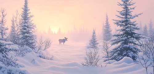 Misty forest morning featuring moose walking through snow high resolution picture