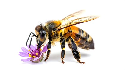 Macro shot of a honeybee pollinating a purple flower against white background