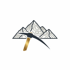 Mountain peaks and pickaxe illustration representing mining and exploration concept.