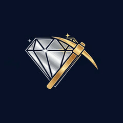 Golden pickaxe mining diamond gem sparkling on dark background.