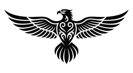Obraz premium Majestic tribal eagle tattoo design, detailed black ink illustration of flying bird, perfect for body art, and symbolic graphic design projects